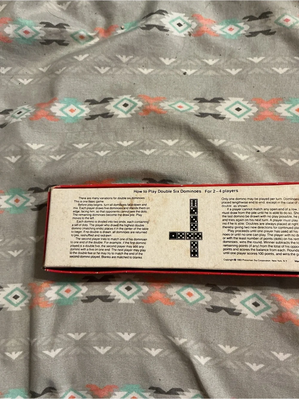 1983 Pressman Classic Double Six Wooden Dominoes Set - Red & Blue Box